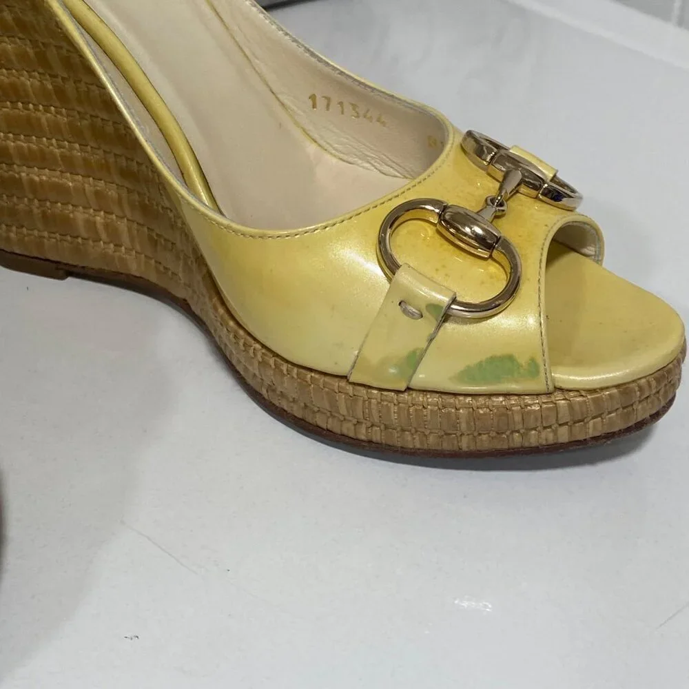 Gucci Horse-bit Patent Leather Ankle Strap Wedges in Pastel Yellow Size 8 1/2